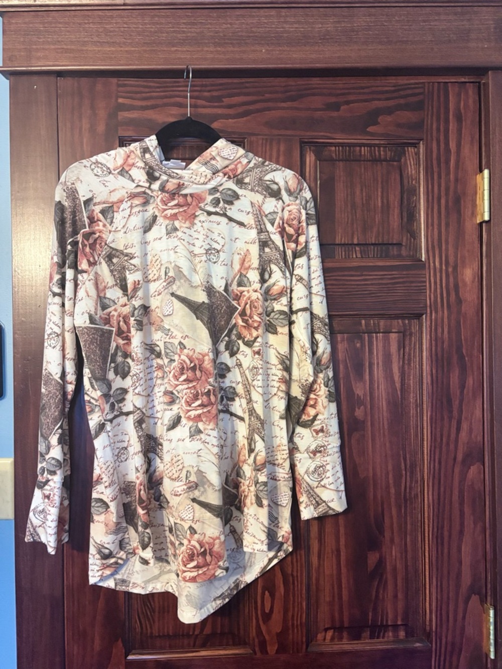 LuLaRoe Amber hoodie Cream Floral & Script Hooded Long-Sleeve Top